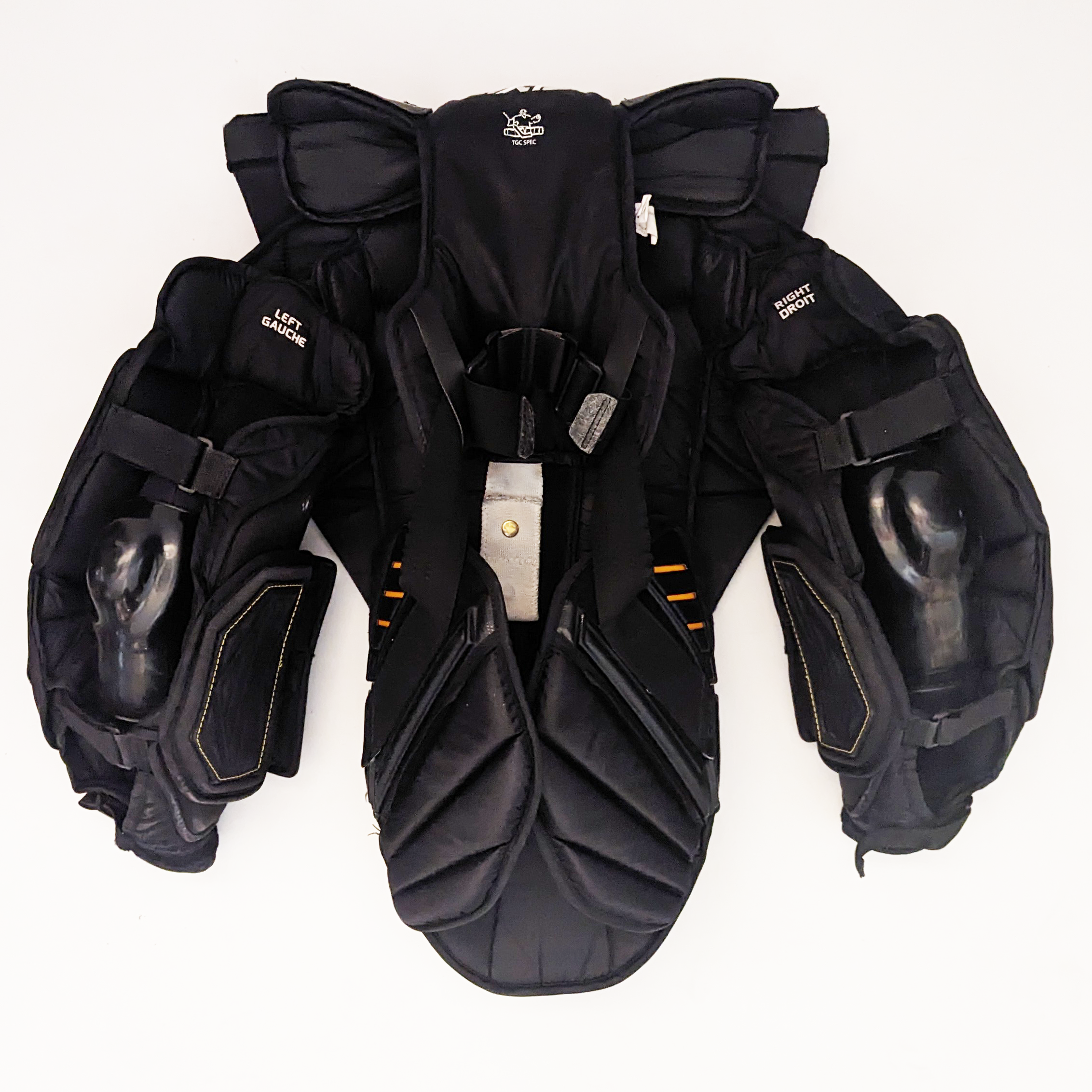 CCM Axis - Plastron de gardien de but Pro Stock d'occasion avec bras Premier (noir/jaune)